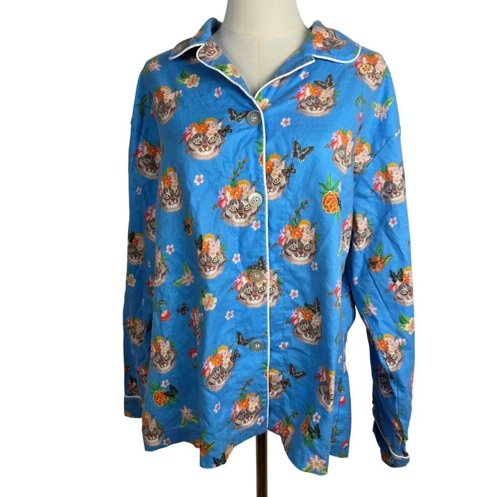 The‎ Cats Pajamas XL Flannel Pajama Top Frida-Inspired Cats Blue Peruvian Cotton